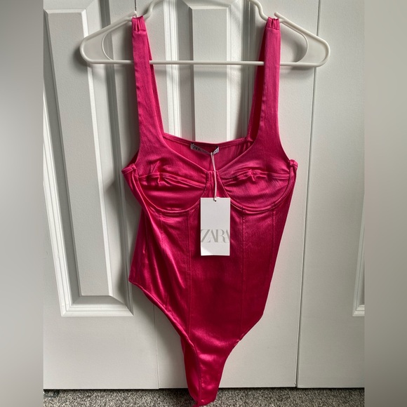 Zara hot pink satin corset style bodysuit, size medium, NWT - Picture 2 of 6